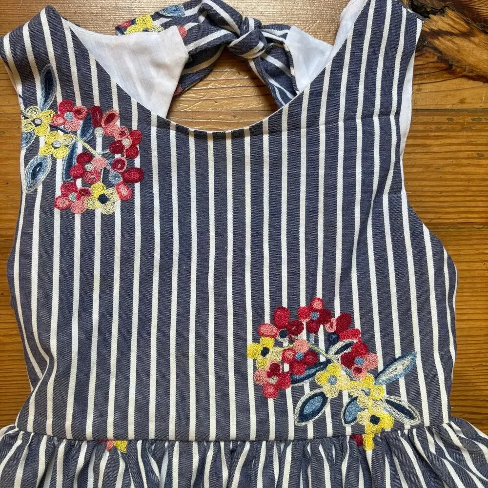 Rare Editions blue white‎ striped embroidered floral tank girls dress SIZE 7